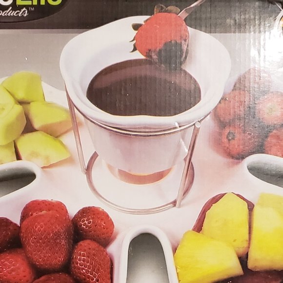 Fondue Set, Fine Life Products, 4 forks, Bowl with Metal Stand, & Plate NWT - Picture 7 of 9